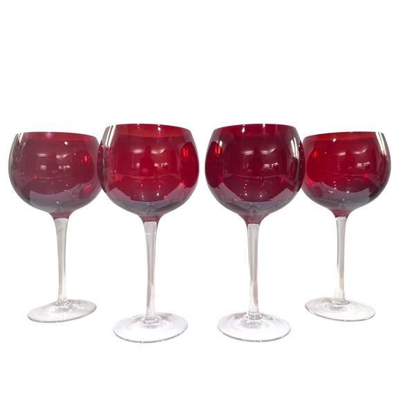 Ruby Red Elegant Balloon Wine Glasses Goblets with Clear Stem-Set of 4 - Picture 3 of 9